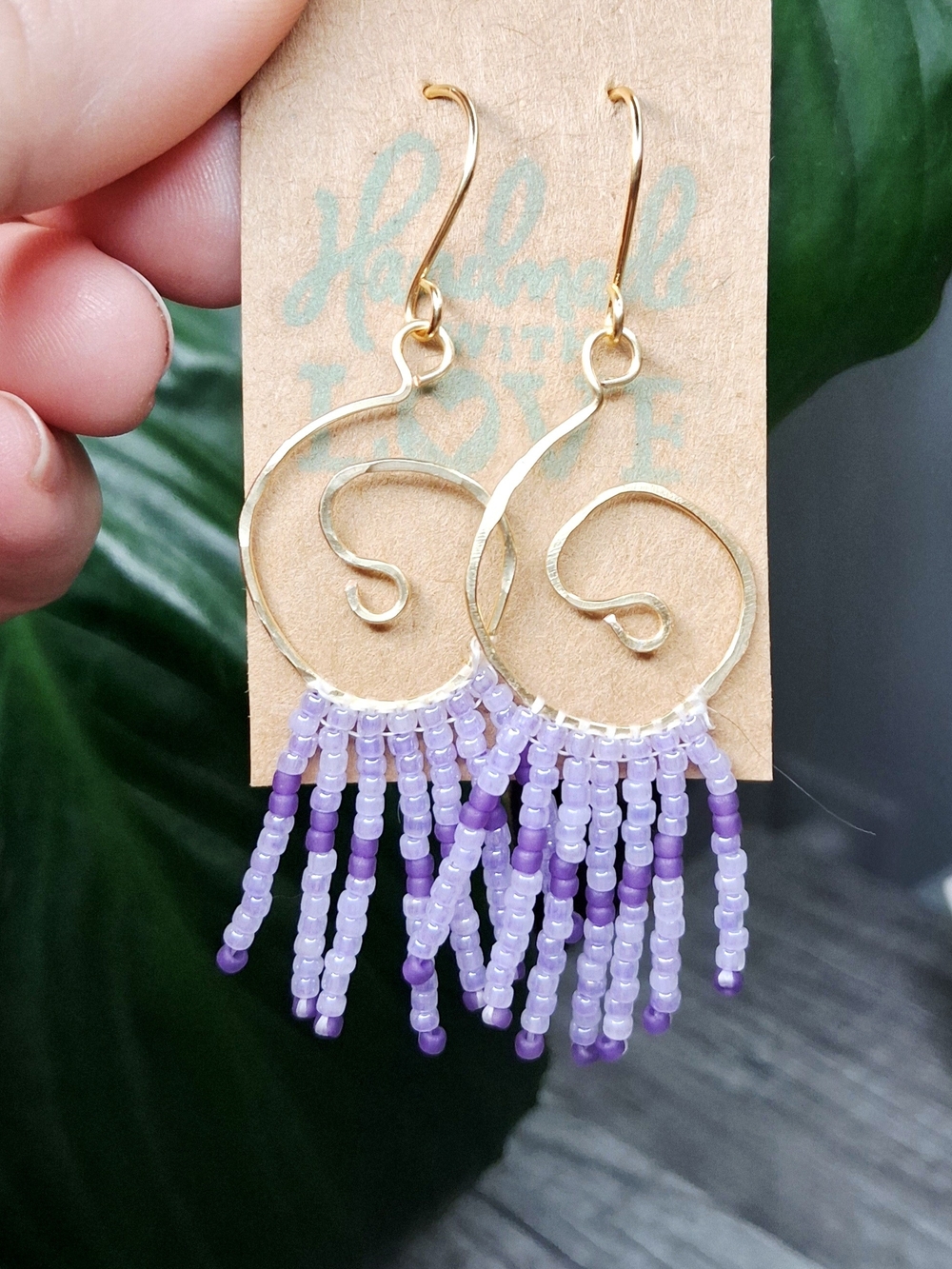 Gold Swirl Earrings with Lavender Beaded Fringe